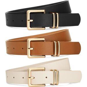 3 Pack Womens Leather Belts Gold Square Buckle Waist Belt Jeans Dresses Pants
